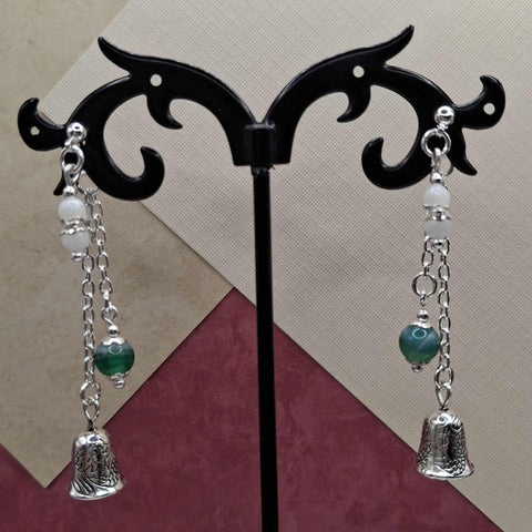 Green Striped Agate & Mother of Pearl Holiday Bell Mullet Earrings