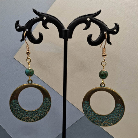 Green Turquoise Brass Boho Hoop Earrings