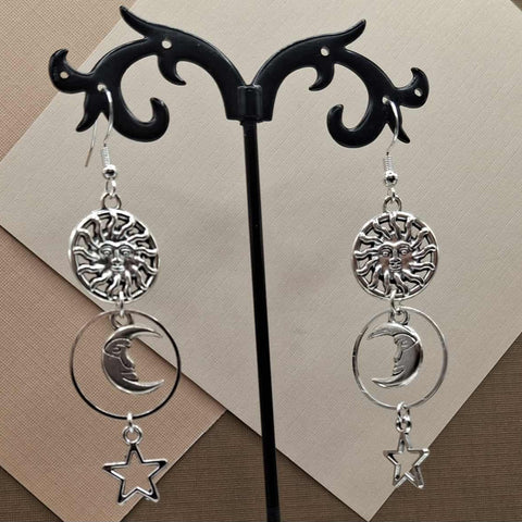 Silver Plated Sun, Moon and Star Dangle Earrings