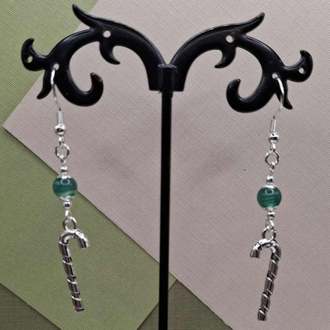 Green Striped Agate Candy Cane Holiday Earrings