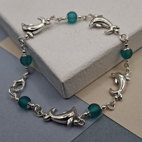 Teal Sea Glass Dolphin Bracelet