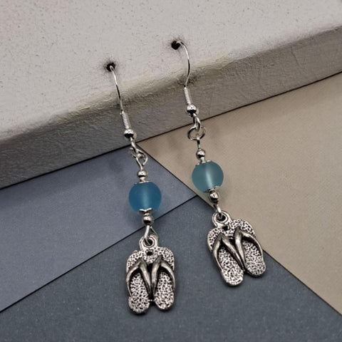 Blue Sea Glass Flip Flop Earrings