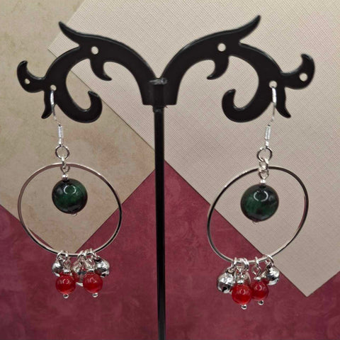 Green Tigers Eye & Red Agate Jingle Holiday Earrings