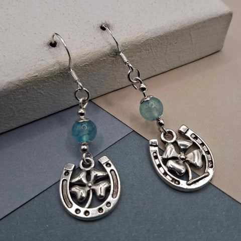 Teal Dragon Vein Agate Shamrock/Horseshoe Earrings