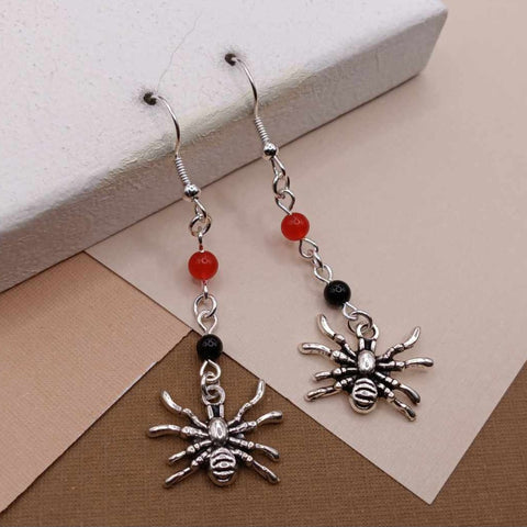 Red Jade & Onyx Spider Halloween Earrings