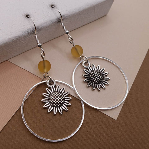 Yellow Sea Glass Sunflower Hoop Earrings