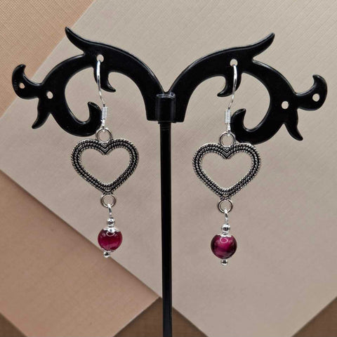 Fushia Tigers Eye Dangle Heart Earrings