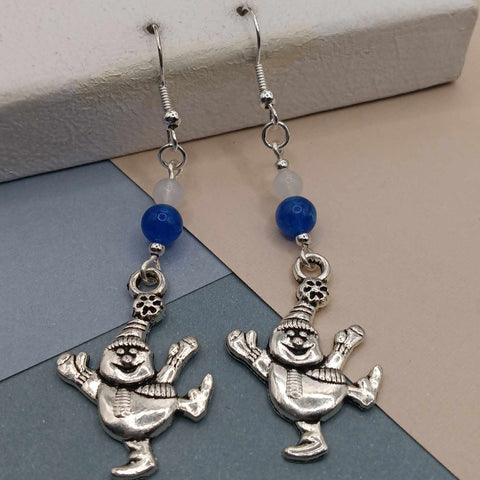 Blue Agate & White Chalcedony Snowman Holiday Earrings