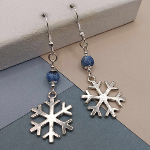 Blue Fire Agate Snowflake Holiday Earrings