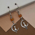 Coral/Yellow Jade Cat on Moon Earrings