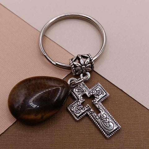 Brown Tigers Eye Cross Keychain for St Judes