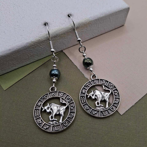 Green Hematite Taurus Zodiac Earrings