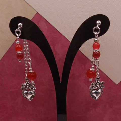 Red Jade Floral Heart Earrings