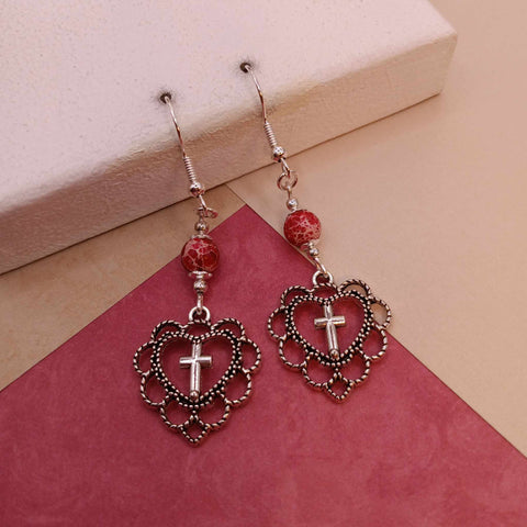 Red Crackle Agate Cross Heart Earrings