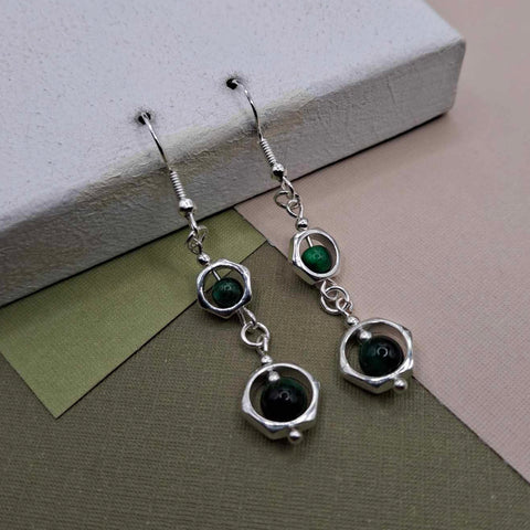 Green Tigers Eye Double Hexagon Drop Earrings