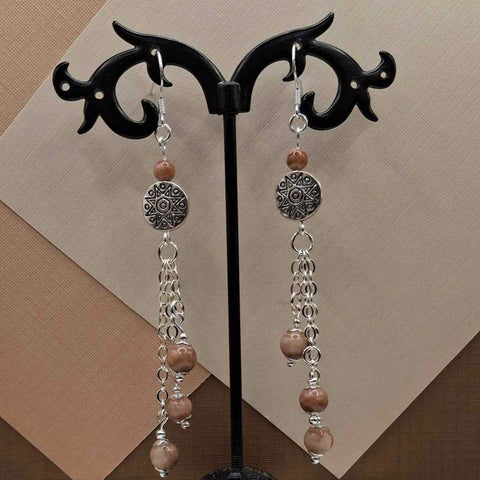Coffee Chalcedony Medallion Tassle Earrings