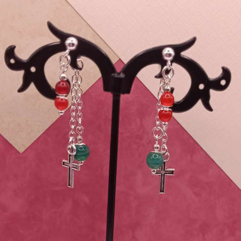 Green Striped Agate & Red Jade Cross Holiday Earrings