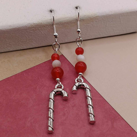 Red Jade & White Chalcedony Candy Cane Holiday Earrings