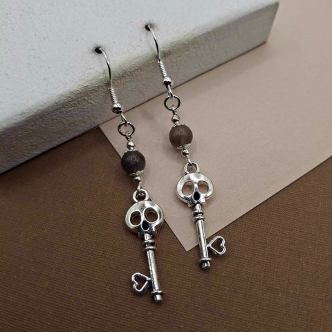 Golden Obsidian Skeleton Key Halloween Earrings