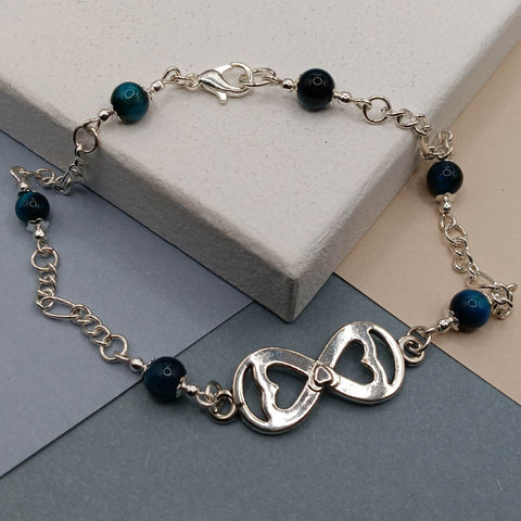 Teal Tigers Eye Heart Infinity Anklet