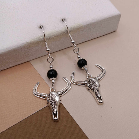 Onyx Steer Skull Earrings