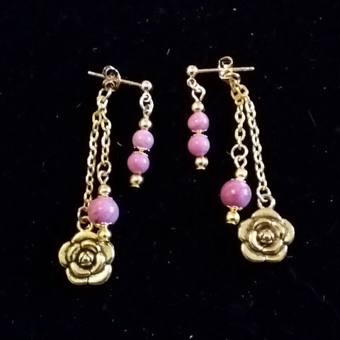 Rosemont Gold Plated Mullet Earrings w/ Rhodochrosite and Roses