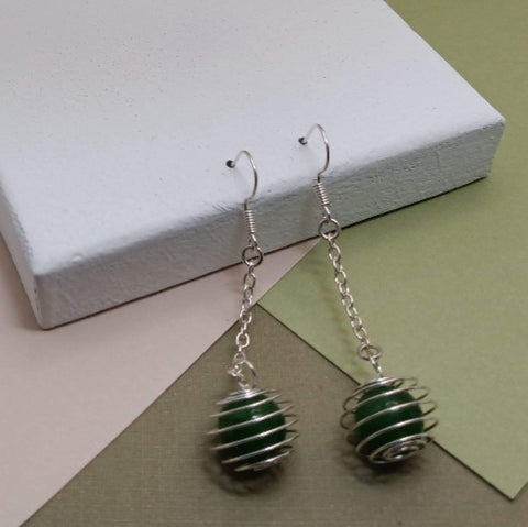 Green Jade in Cage on Chain Earrings