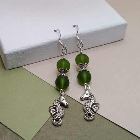 Green Sea Glass Earrings w/ Seahorse Charm