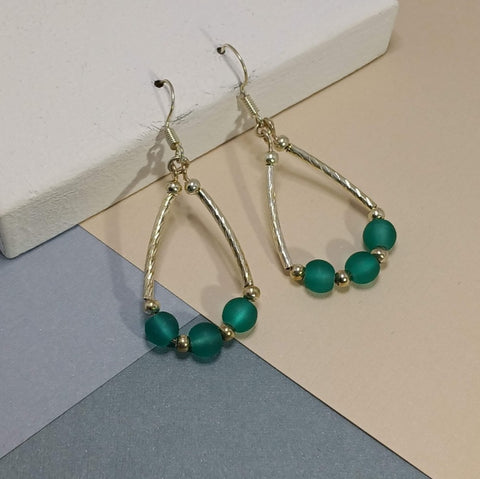 Teal Blue Sea Glass Hoop Earrings