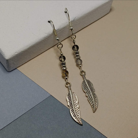 Gray Dragon Vein Agate Feather Earrings