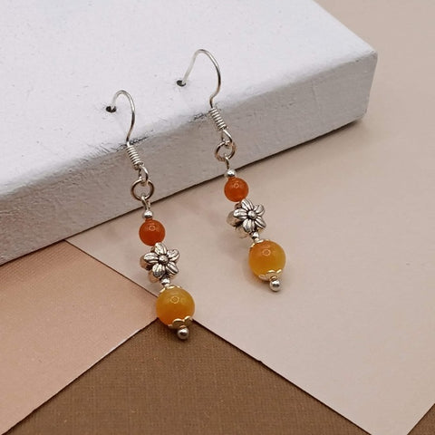 Orange Quartzite and Jade Flower Earrings