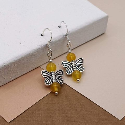Yellow Jade Earrings w/ Butterfly Charm