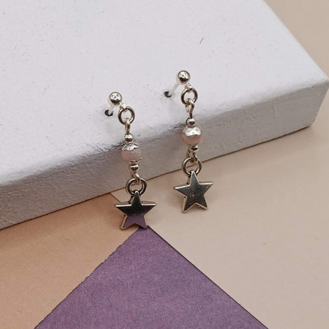 Pink Jade Short Earrings w/ Star Charm