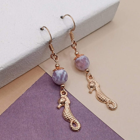 Lavender Faceted Candy Agate Rose Gold Plated Seahorse Earrings