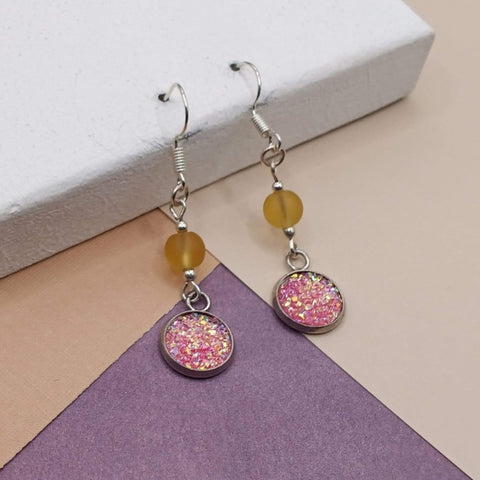 Pink Faux Druzy and Yellow Sea Earrings