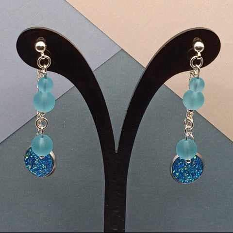 Blue Sea Glass and Faux Druzy Mullet Earrings