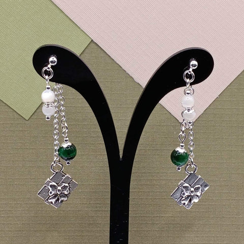 Green Tigers Eye & Mother of Pearl Present Holiday Mullet Earrings