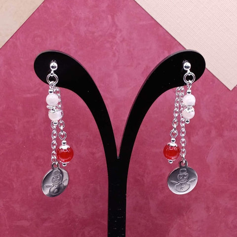 Red Jade & Mother of Pearl Snowman Holiday Mullet Earrings