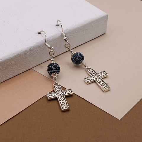Black Frosted Crackle Agate Cross Holiday Earrings