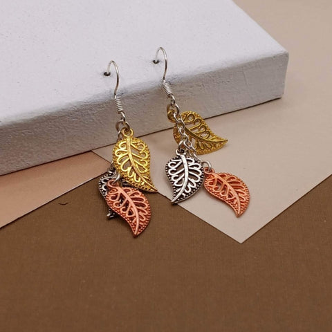 Tri-color Metal Leaf Earrings