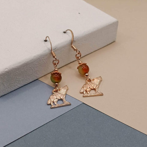 Peacock Agate Rose Gold Plated Coyote Earrings