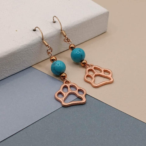 Turquoise Amazonite Rose Gold Plated Paw Earrings