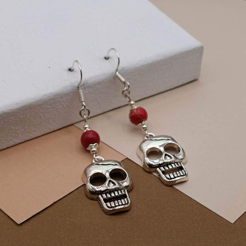 Red Crackle Agate Skull Halloween Earrings