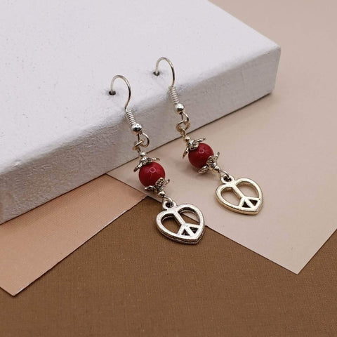 Red Crackle Agate Peace Heart Earrings