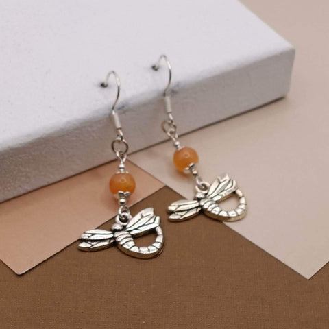 Coral/Yellow Jade Dragonfly Earrings
