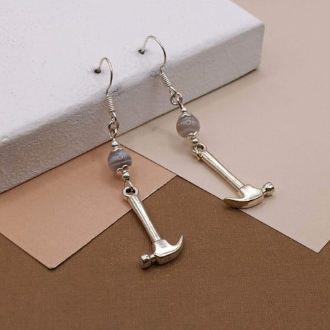 Gray Striped Agate Hammer Earrings