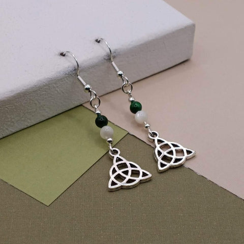 Green Tigers Eye & Mother of Pearl Celtic Knot Earrings