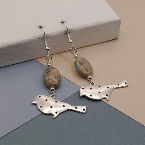 Crazy Lace Agate Whimsical Bird Earrings
