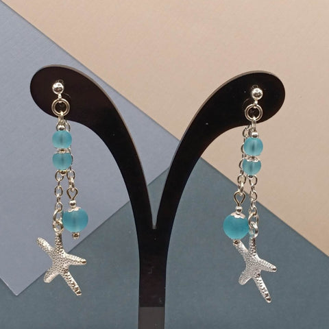 Teal Blue Sea Glass Starfish Mullet Earrings