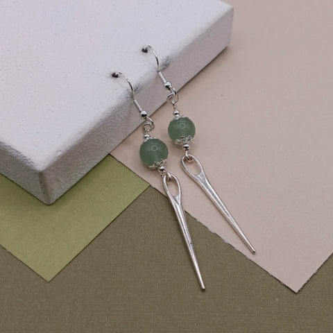 Green Aventurine Sewing Needle  Earrings